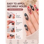 Dark Japanese Manga Style Press‑On Nails,Blood Splatter Spider Web Letter Long Almond False Nails